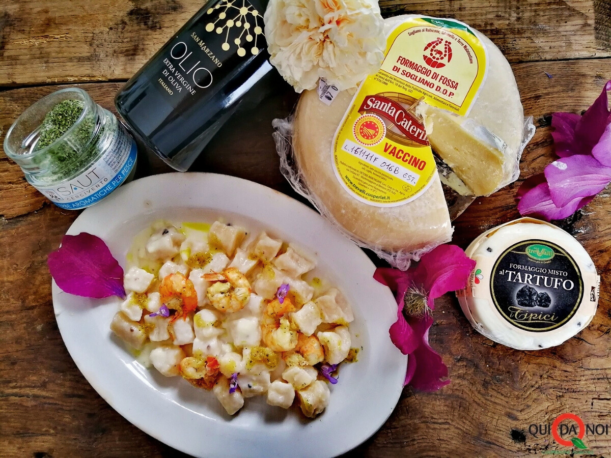 Gnocchi di Formaggio di Fossa di Sogliano DOP con Crema e Gamberoni