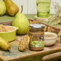 Purea Di Pera Biologica - Mago Pyrus, inclinato a dx, sfondo pere