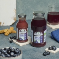 Succo Bio Mirtillo 200ml, vista forntale mirtilli e biscotti