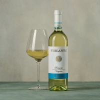 Viognier, vista frontale, calice pieno a sx, sonfo chiaro