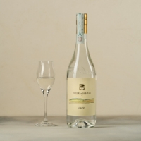 Grappa barbaresco, vista frontale, bicchiere e sfondo bianco