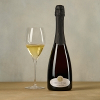 Spumante dry, charmat calice a sx pieno e sfondo grigio