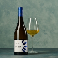 Inzolia, vista frontale, calice a dx, sfondo blue marino