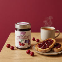 Confettura amarene brusche igp con pane tostato e tazza calda