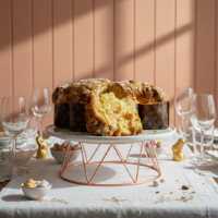 Colomba artigianale tradizionale  frontale su alazatina, tavola pasqua, finestra