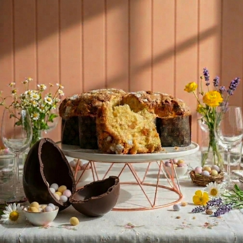 Uovo cioccolato fondente e colomba su tavola pasquale e ovetti colorati