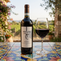 Montepulciano d'Abruzzo DOP su maioliche in cortile, calice a dx