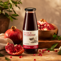 succo melagrana frontale con frutto sullo sfondo