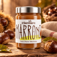 Crema di marroni, in barattolo e su tagliere con marroni intorno