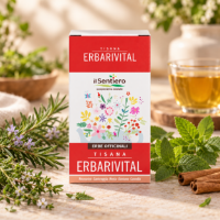 Erbarivital in confezione e su una tavola con le erbe che lo compongono