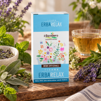 Erbarelax in confezione e su una tavola con le erbe che lo compongono