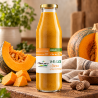 Vellutata di zucca e noce moscata, in bottiglia e su un tagliere con zucca a fette e noci moscate