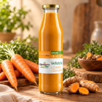 Vellutata di carote e curcuma, in bottiglia e su un tagliere con carote e curcuma tagliata