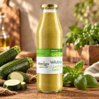 Vellutata di zucchine e basilico, in bottiglia e su una tavola con zucchine a fette e basilico fresco in foglie
